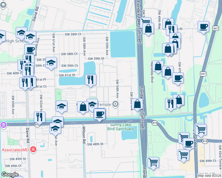 map of restaurants, bars, coffee shops, grocery stores, and more near 5495 Southwest 42nd Street in Davie