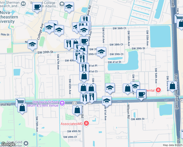 map of restaurants, bars, coffee shops, grocery stores, and more near 6291 Southwest 41st Court in Davie