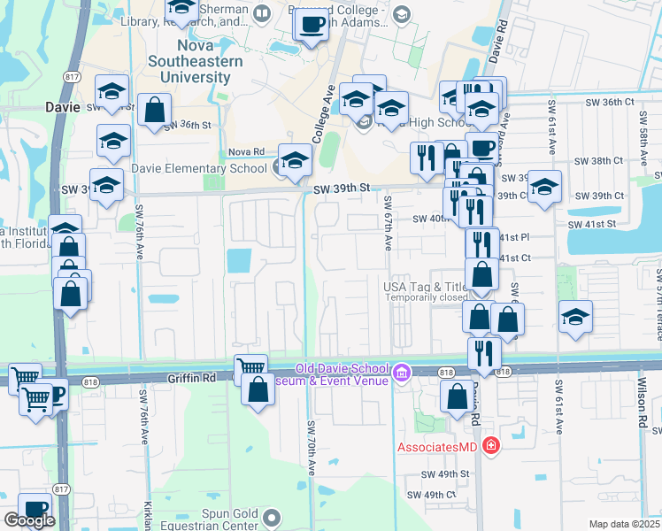 map of restaurants, bars, coffee shops, grocery stores, and more near 6976 Southwest 39th Street in Davie