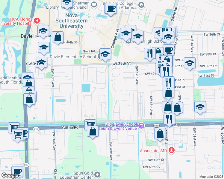 map of restaurants, bars, coffee shops, grocery stores, and more near 6976 Southwest 39th Street in Davie