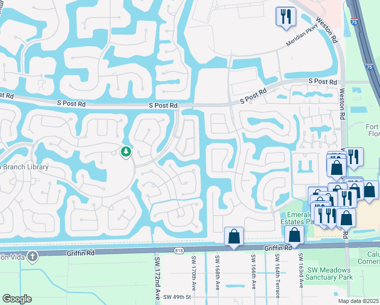 map of restaurants, bars, coffee shops, grocery stores, and more near 3945 San Simeon Lane in Weston