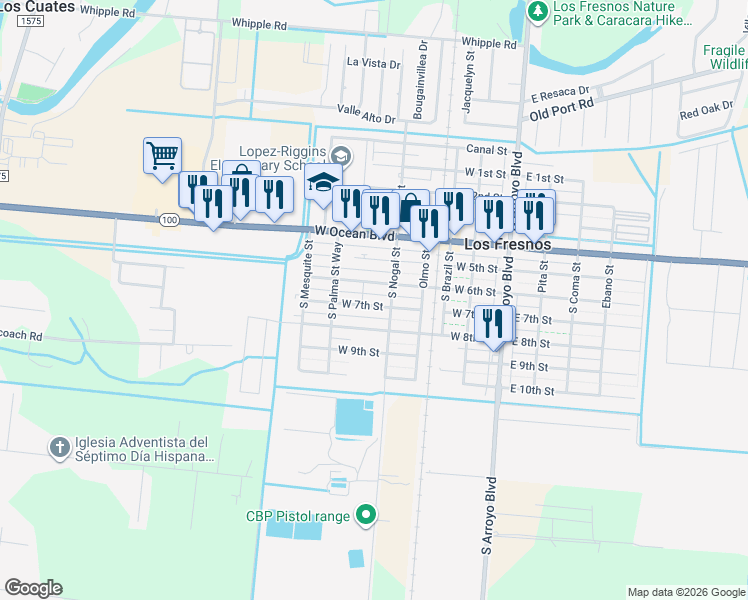 map of restaurants, bars, coffee shops, grocery stores, and more near 409 West 6th Street in Los Fresnos