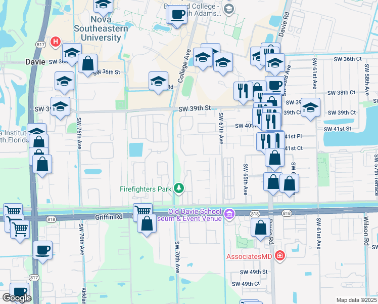 map of restaurants, bars, coffee shops, grocery stores, and more near 6976 Southwest 39th Street in Davie