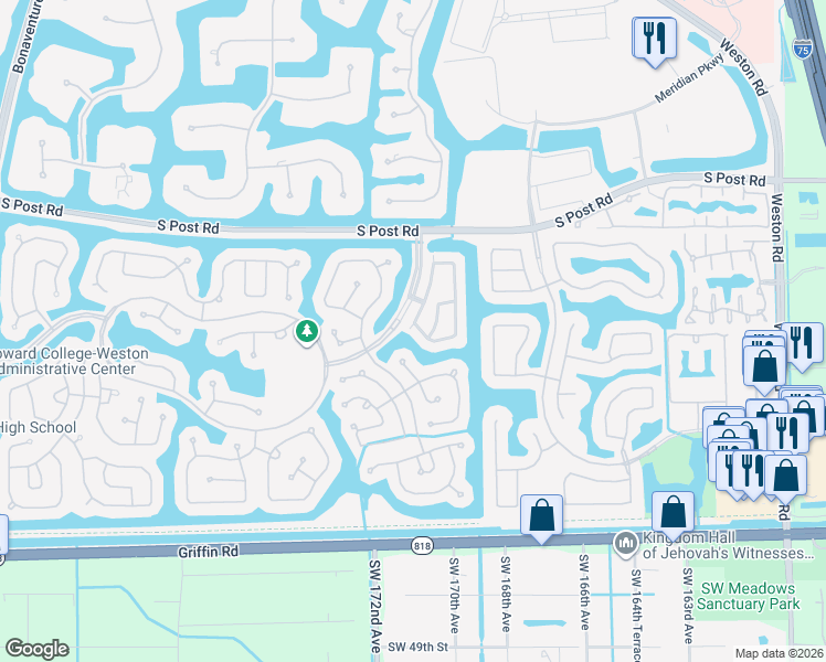 map of restaurants, bars, coffee shops, grocery stores, and more near 3810 North Ridge Drive in Weston
