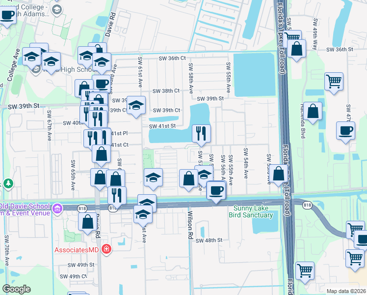 map of restaurants, bars, coffee shops, grocery stores, and more near in Davie