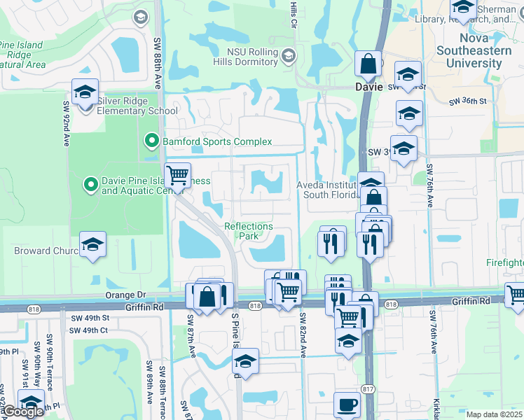 map of restaurants, bars, coffee shops, grocery stores, and more near 8360 Southwest 41st Street in Davie