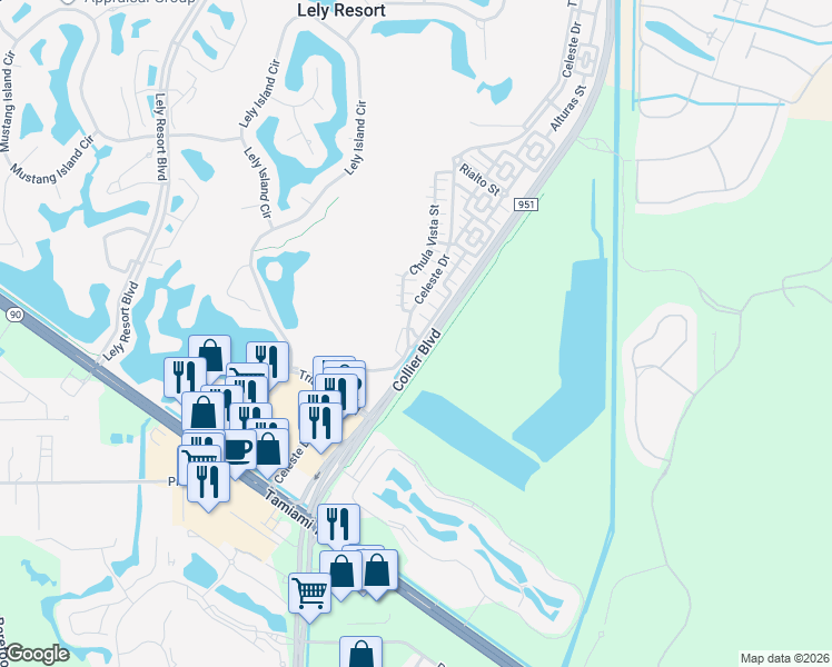 map of restaurants, bars, coffee shops, grocery stores, and more near 9163 Delano Street in Naples