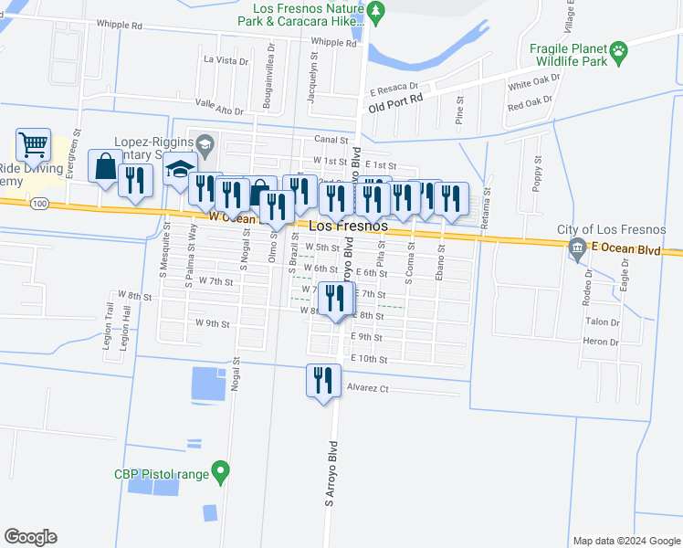 map of restaurants, bars, coffee shops, grocery stores, and more near 101 East 6th Street in Los Fresnos