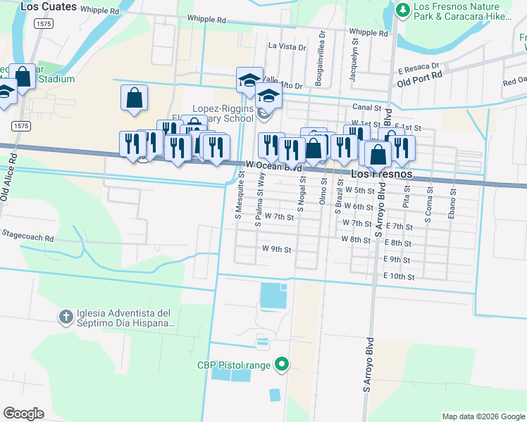 map of restaurants, bars, coffee shops, grocery stores, and more near 511 W 6th St in Los Fresnos