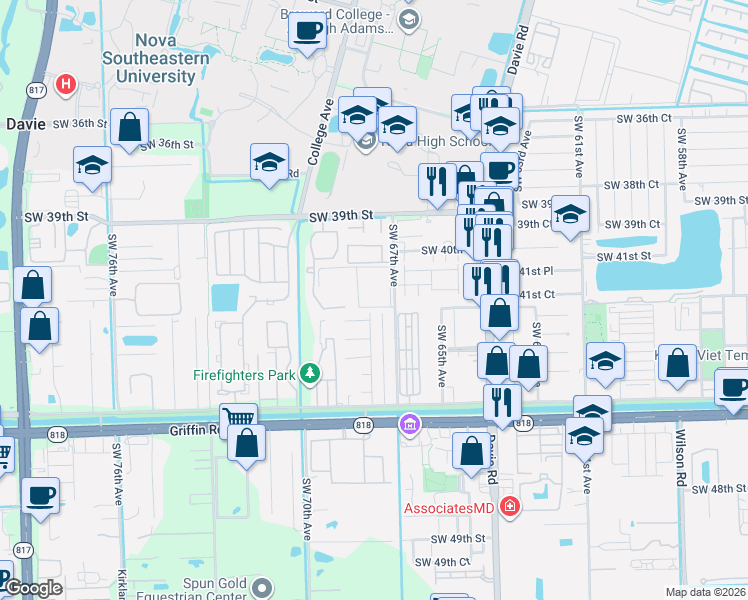 map of restaurants, bars, coffee shops, grocery stores, and more near 4199 Southwest 67th Avenue in Davie