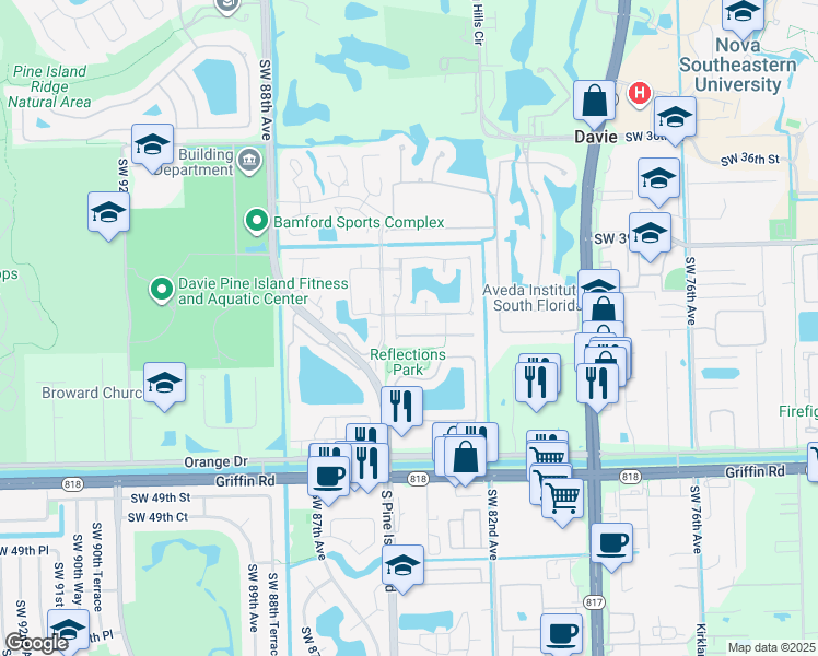 map of restaurants, bars, coffee shops, grocery stores, and more near 8411 Southwest 41st Court in Davie