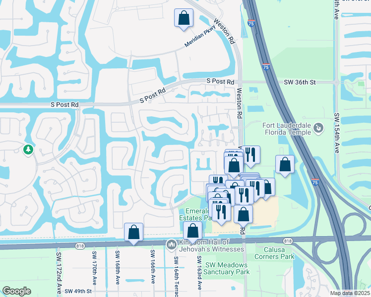 map of restaurants, bars, coffee shops, grocery stores, and more near 4110 Sapphire Street in Weston