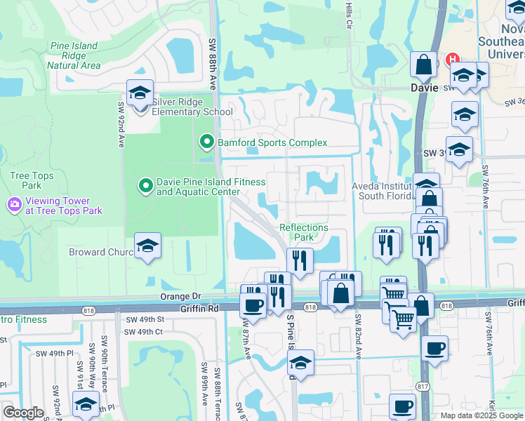 map of restaurants, bars, coffee shops, grocery stores, and more near 4172 South Pine Island Road in Davie