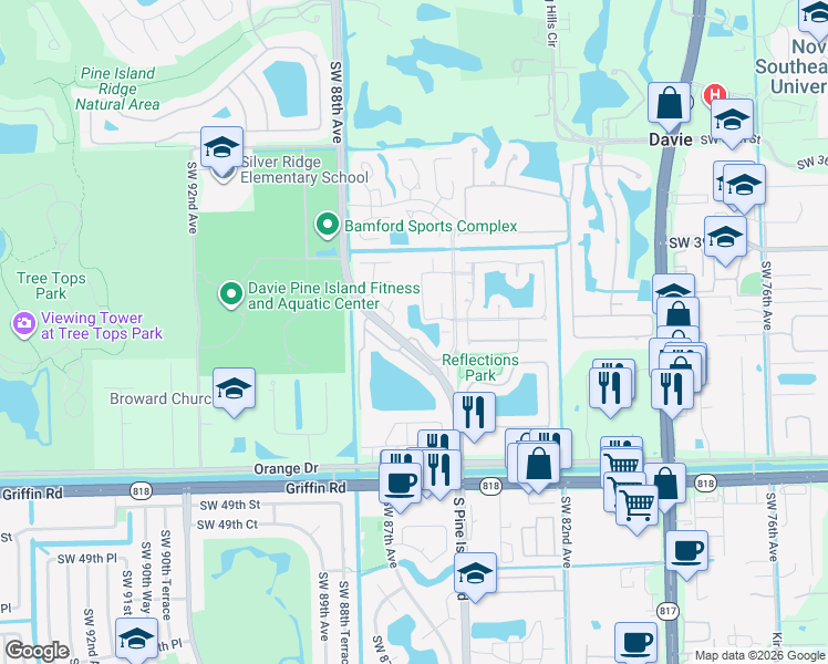 map of restaurants, bars, coffee shops, grocery stores, and more near 4172 South Pine Island Road in Davie