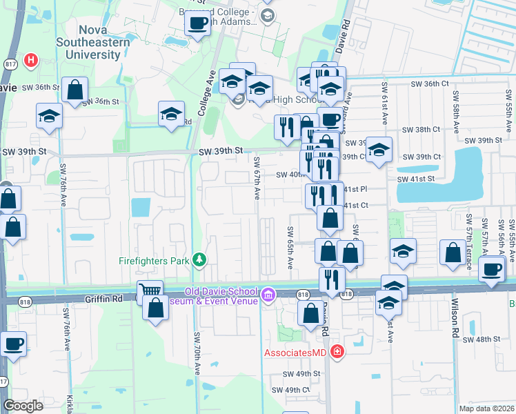 map of restaurants, bars, coffee shops, grocery stores, and more near 4199 Southwest 67th Avenue in Davie
