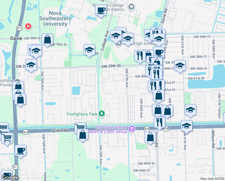 map of restaurants, bars, coffee shops, grocery stores, and more near 4191 Southwest 67th Avenue in Davie