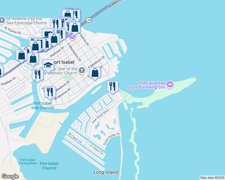 map of restaurants, bars, coffee shops, grocery stores, and more near 33840 South Garcia Street in Port Isabel