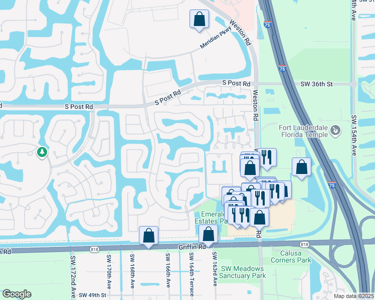 map of restaurants, bars, coffee shops, grocery stores, and more near 16415 Sapphire Bend in Weston