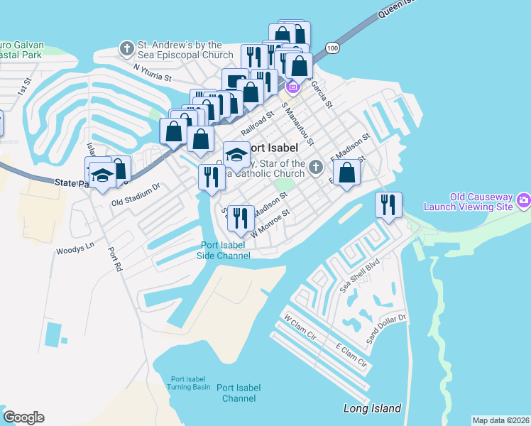 map of restaurants, bars, coffee shops, grocery stores, and more near 317 West Madison Street in Port Isabel