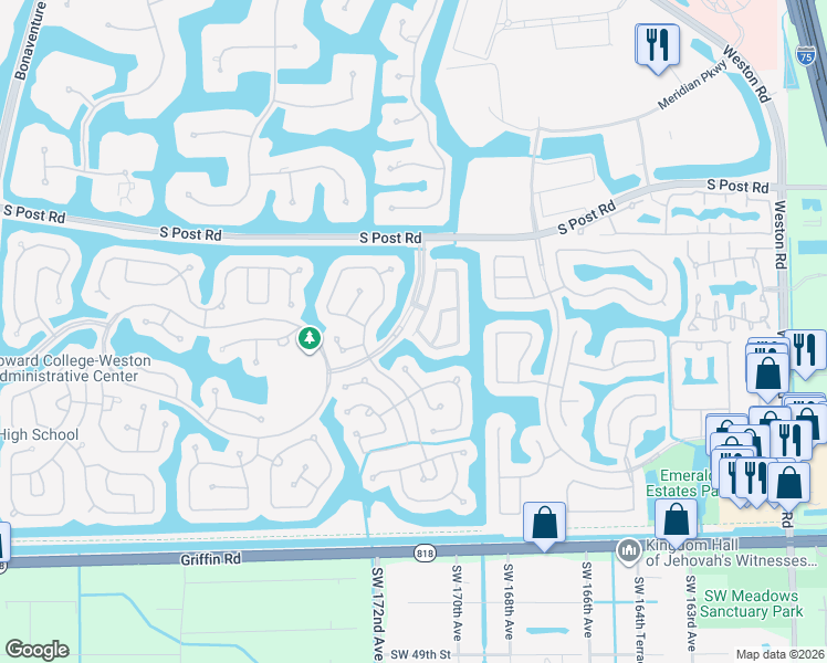 map of restaurants, bars, coffee shops, grocery stores, and more near 3810 North Ridge Drive in Weston