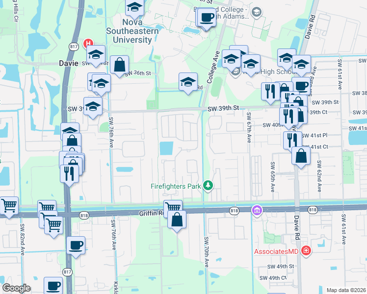 map of restaurants, bars, coffee shops, grocery stores, and more near 7201 Southwest 41st Place in Davie