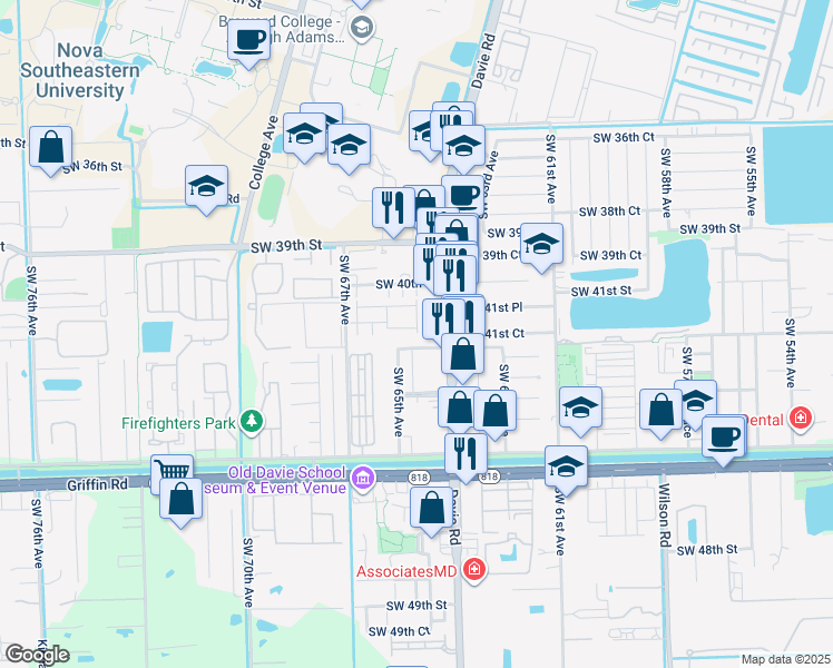 map of restaurants, bars, coffee shops, grocery stores, and more near 4164 Southwest 65th Avenue in Davie