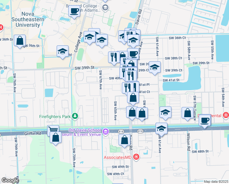 map of restaurants, bars, coffee shops, grocery stores, and more near 4161 Southwest 66th Terrace in Davie