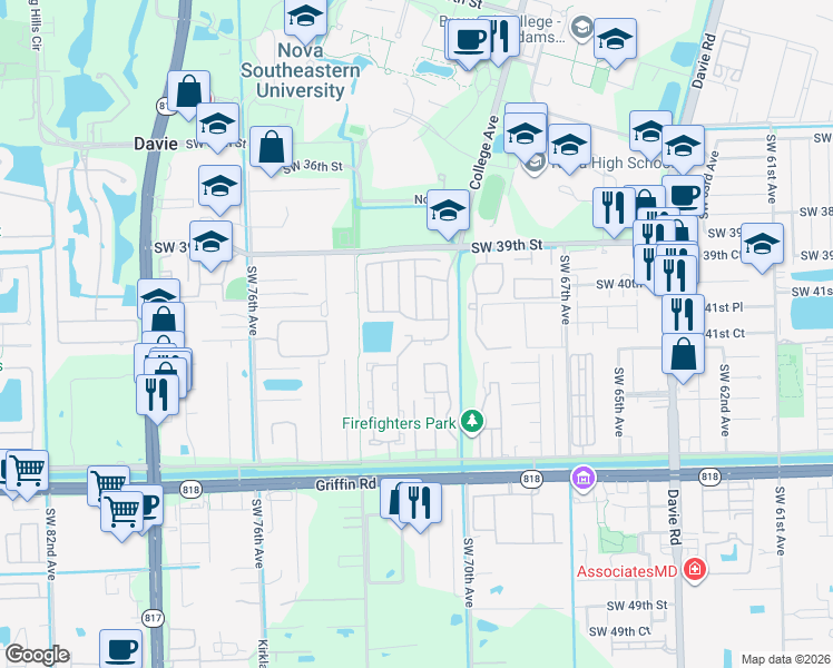 map of restaurants, bars, coffee shops, grocery stores, and more near 7201 Southwest 41st Place in Davie
