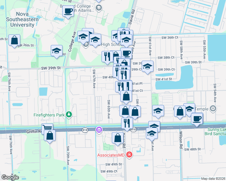 map of restaurants, bars, coffee shops, grocery stores, and more near 4164 Southwest 65th Avenue in Davie