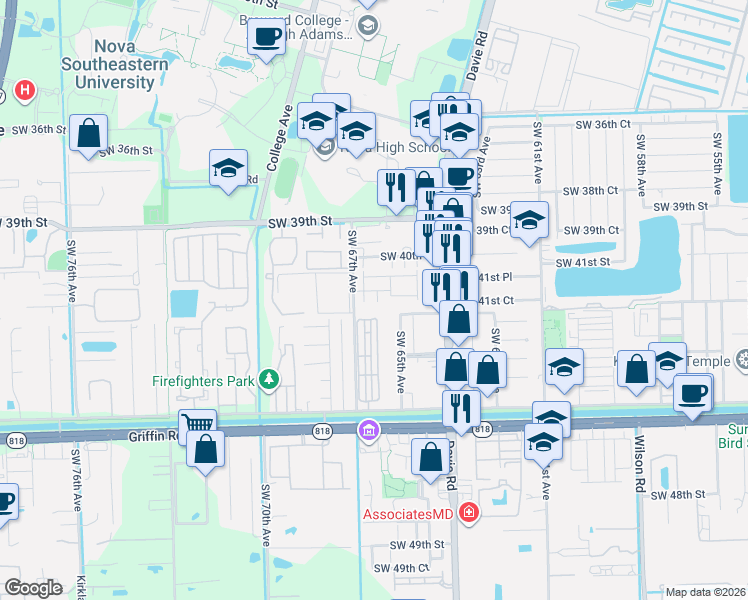 map of restaurants, bars, coffee shops, grocery stores, and more near 4161 Southwest 66th Terrace in Davie