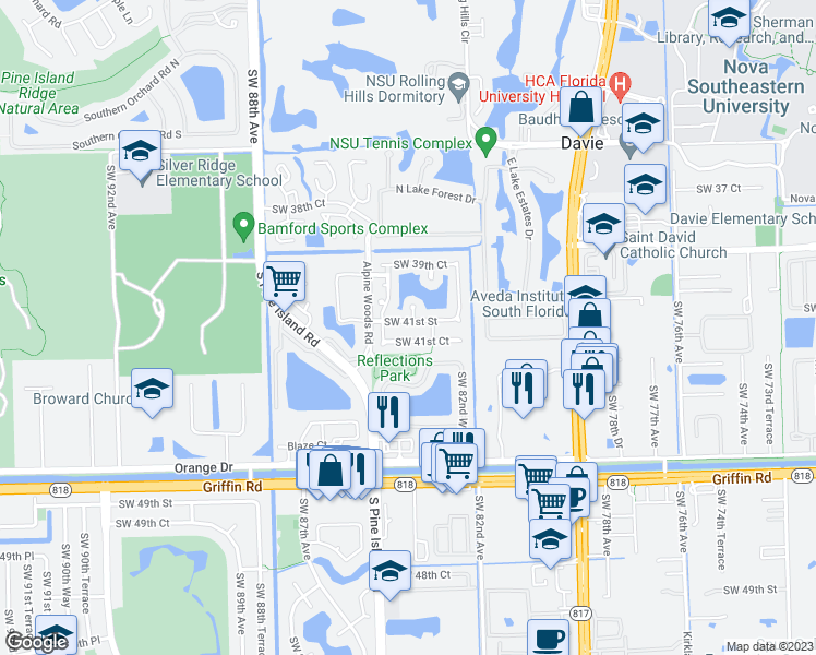 map of restaurants, bars, coffee shops, grocery stores, and more near 8360 Southwest 41st Street in Davie
