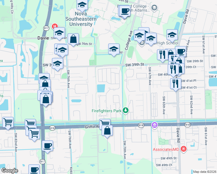map of restaurants, bars, coffee shops, grocery stores, and more near 7201 Southwest 41st Place in Davie