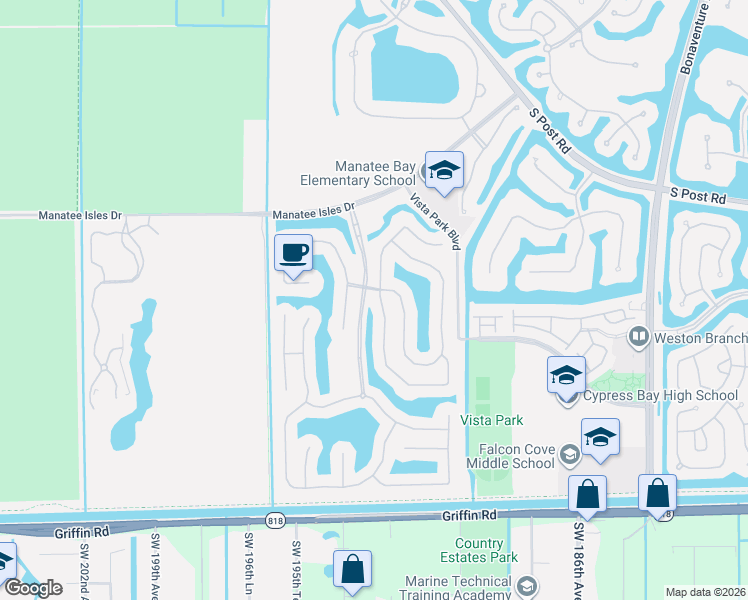 map of restaurants, bars, coffee shops, grocery stores, and more near 3836 East Coquina Way in Weston