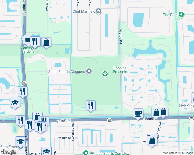 map of restaurants, bars, coffee shops, grocery stores, and more near 4005 South Hiatus Road in Davie