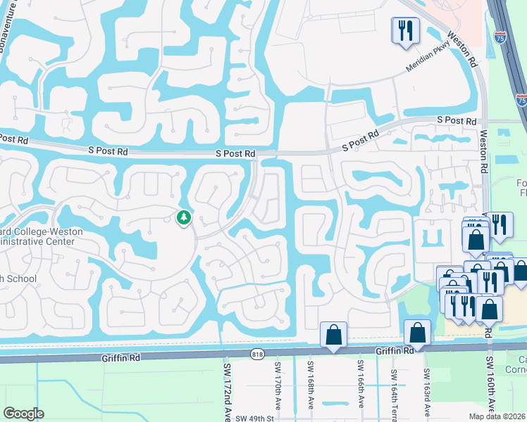 map of restaurants, bars, coffee shops, grocery stores, and more near 3945 San Simeon Lane in Weston