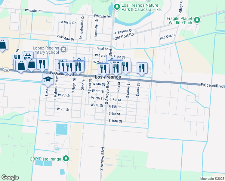 map of restaurants, bars, coffee shops, grocery stores, and more near 101 East 6th Street in Los Fresnos