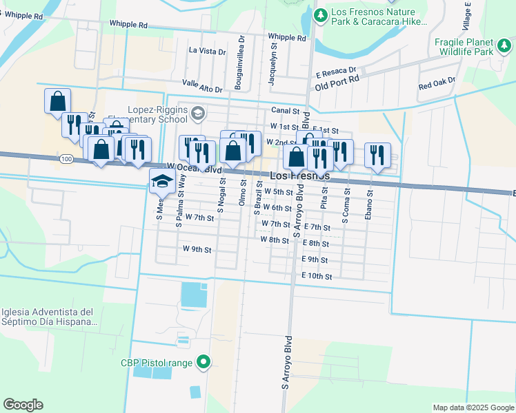 map of restaurants, bars, coffee shops, grocery stores, and more near 299 S Brazil St in Los Fresnos