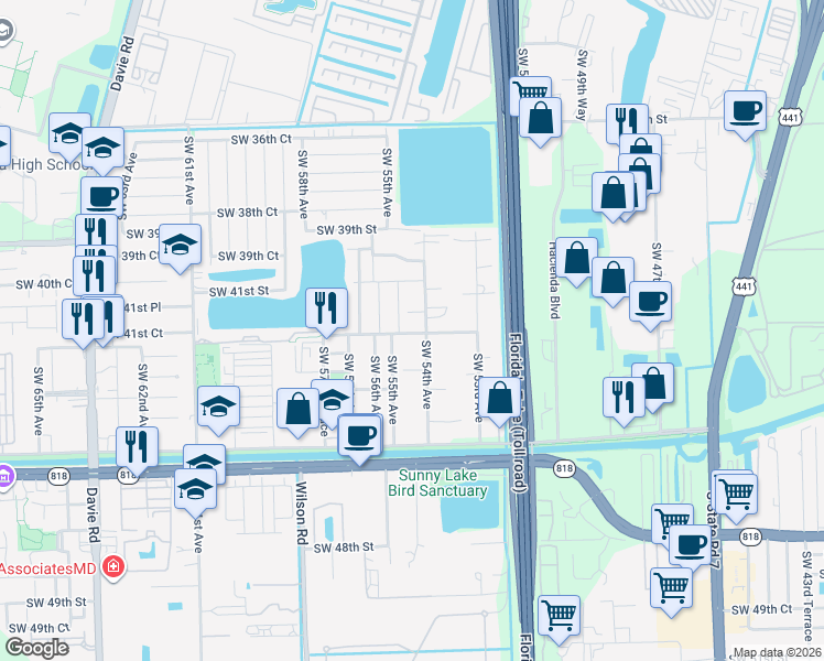map of restaurants, bars, coffee shops, grocery stores, and more near 6550 Southwest 47th Street in Davie