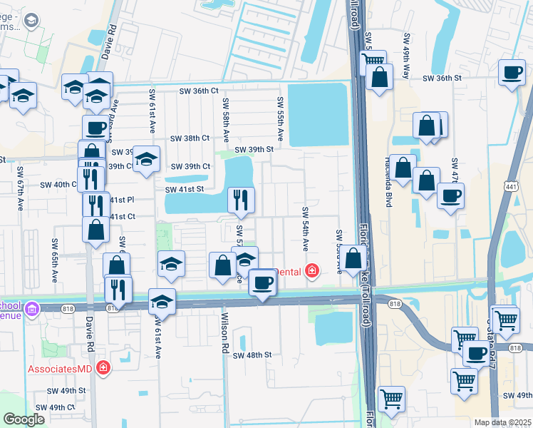 map of restaurants, bars, coffee shops, grocery stores, and more near 4190 Southwest 56th Terrace in Davie