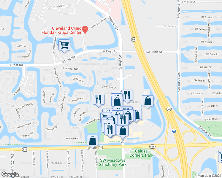 map of restaurants, bars, coffee shops, grocery stores, and more near 16106 Opal Creek Drive in Weston