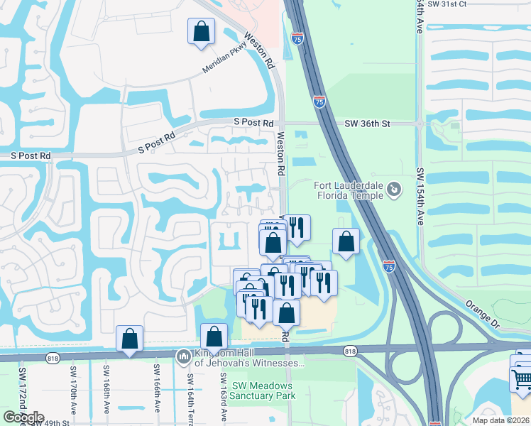 map of restaurants, bars, coffee shops, grocery stores, and more near 16026 Opal Creek Drive in Weston
