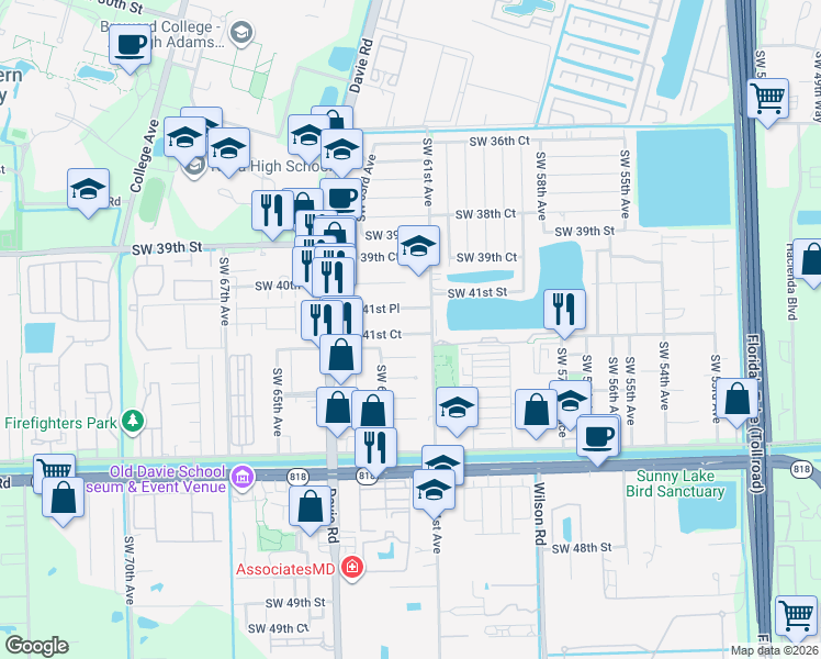 map of restaurants, bars, coffee shops, grocery stores, and more near 6131 Southwest 41st Court in Davie