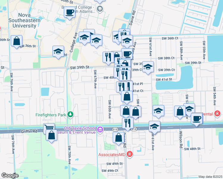 map of restaurants, bars, coffee shops, grocery stores, and more near 4164 Southwest 65th Avenue in Davie