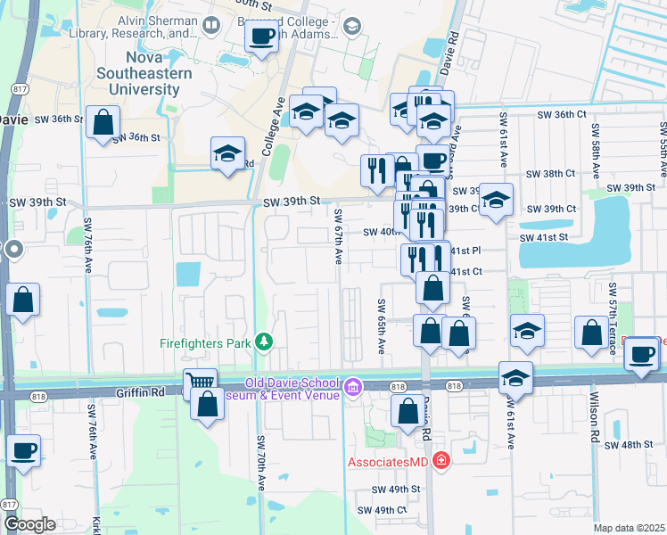 map of restaurants, bars, coffee shops, grocery stores, and more near 4199 Southwest 67th Avenue in Davie