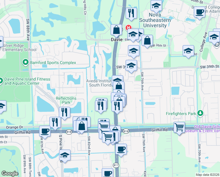map of restaurants, bars, coffee shops, grocery stores, and more near 8006 North Savannah Circle in Davie