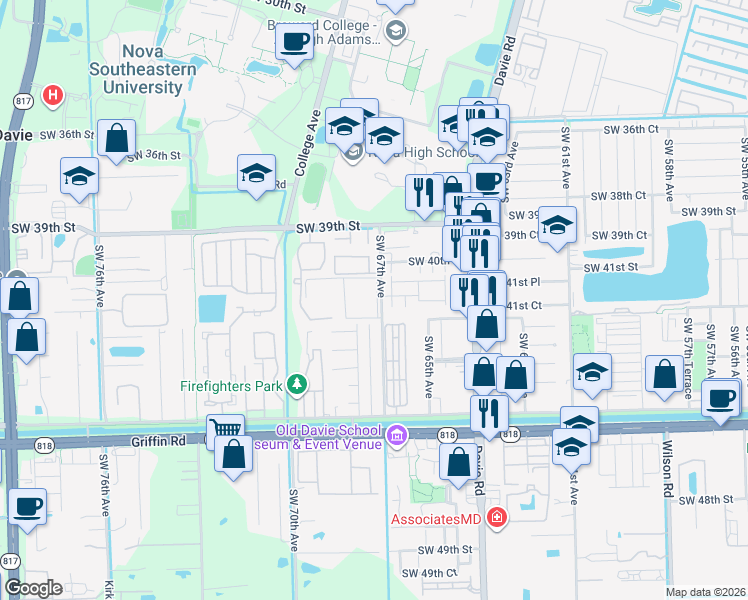 map of restaurants, bars, coffee shops, grocery stores, and more near 4199 SW 67th Ave in Davie