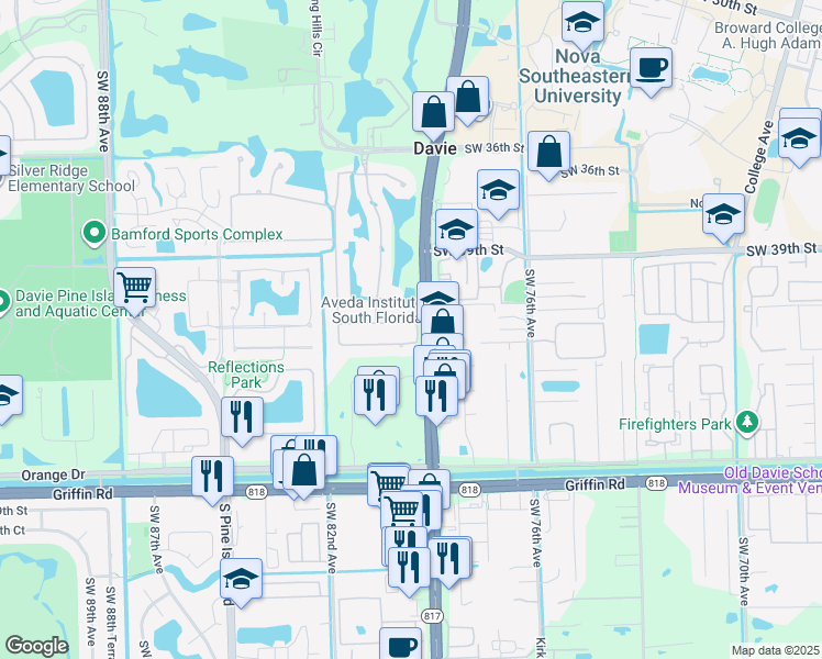 map of restaurants, bars, coffee shops, grocery stores, and more near 8006 North Savannah Circle in Davie