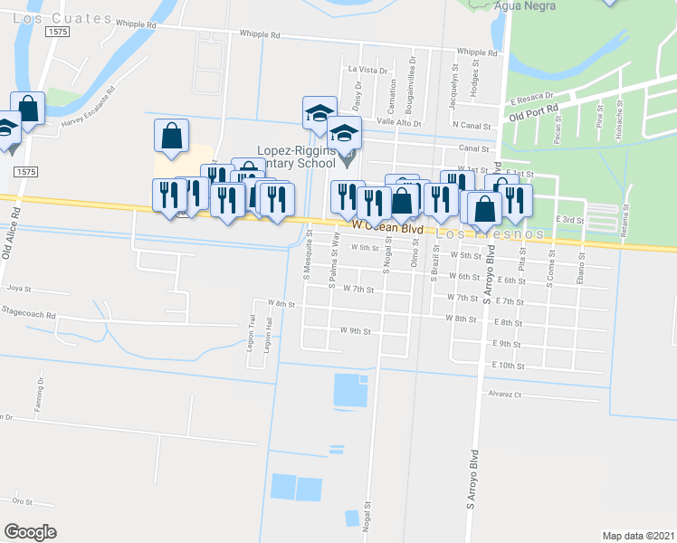 map of restaurants, bars, coffee shops, grocery stores, and more near 511 West 6th Street in Los Fresnos