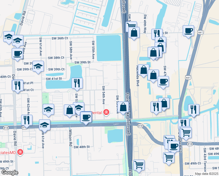 map of restaurants, bars, coffee shops, grocery stores, and more near 5375 Southwest 42nd Street in Davie