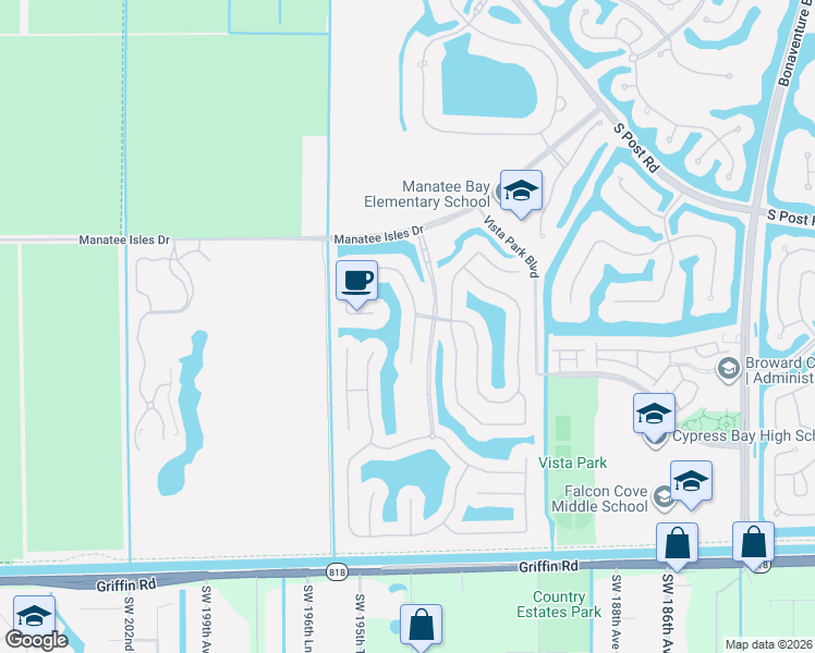 map of restaurants, bars, coffee shops, grocery stores, and more near 3809 East Coquina Way in Weston